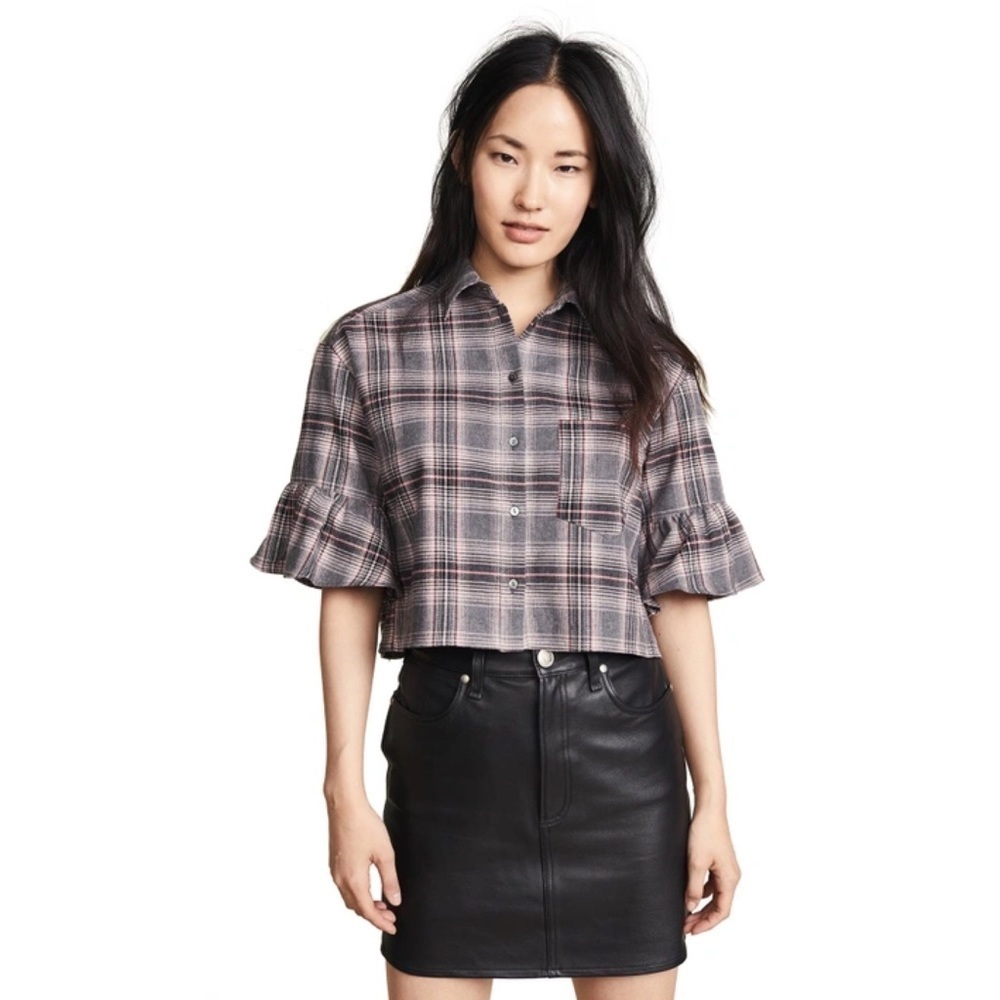 Cinq A Sept || Emile Top Cropped Plaid Flannel Blouse Short Sleeve‎ Gray XS NWT
